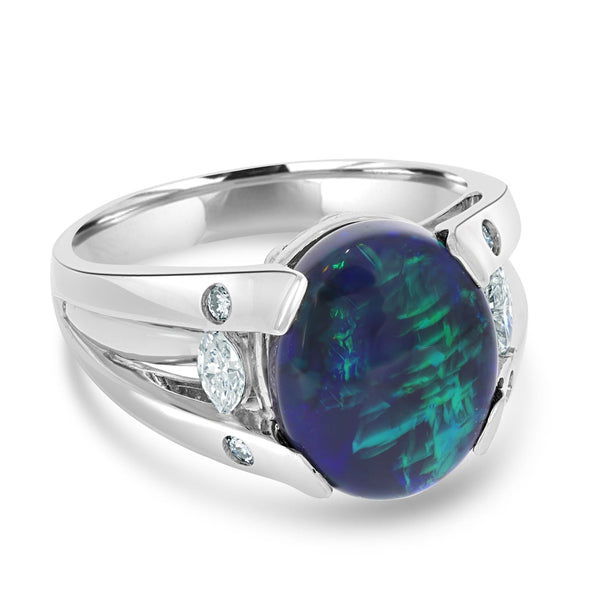 4ct Black Opal Ring with 0.25tct Diamonds set in 900 Platinum